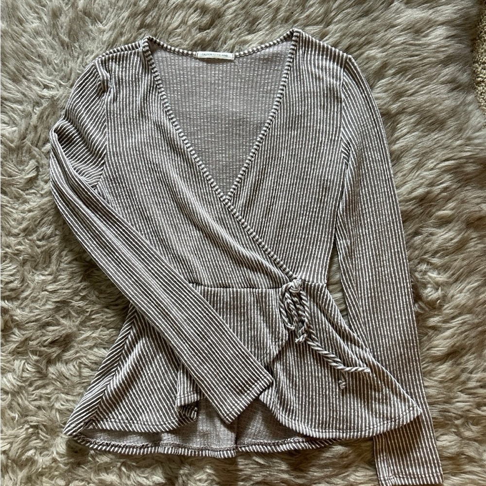 Caution To The Wind Striped Wrap Blouse - Beige